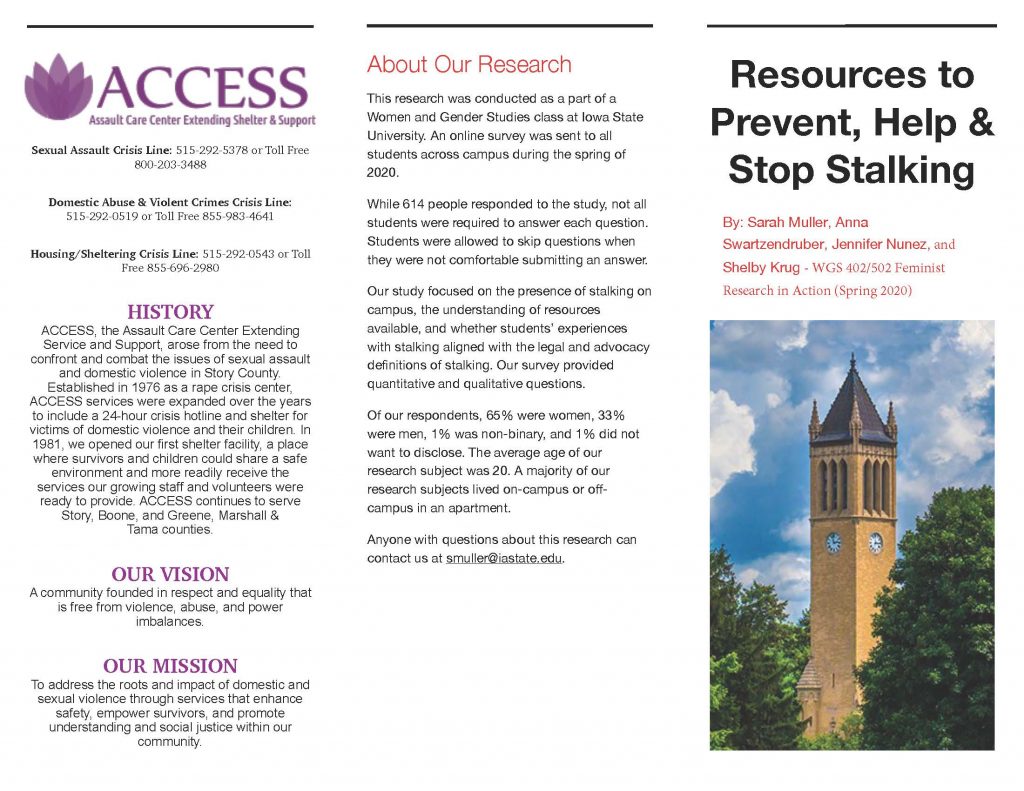 brochure about resources to prevent and stop stalking