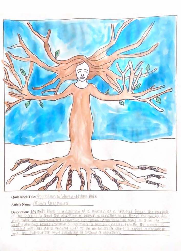 hand drawn and watercolor image of a tree that is shaped like a woman